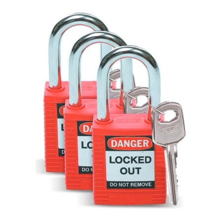Brady Brady Lockout Padlock, Keyed Alike, 1-1/2", Plastic Covered Steel, Red, 3/Pack 105886